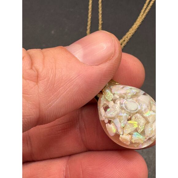 SOLID 14k Yellow Gold Filled Floating Opal Chip Pendant w/ 1/20 12K Necklace - Picture 11 of 16